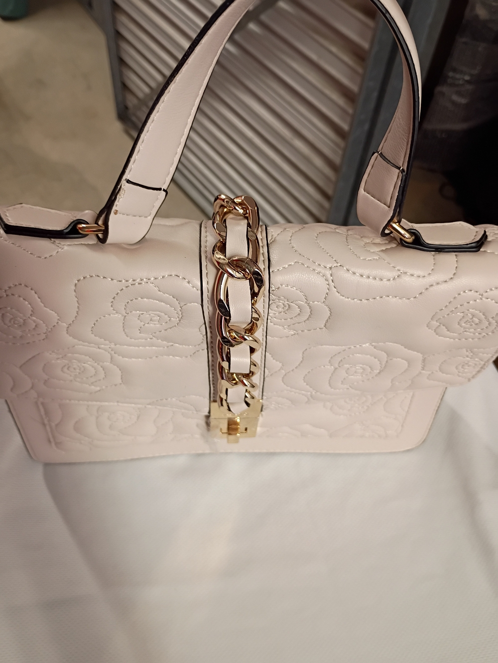 Aldo Cream Quilted Floral Hobo with Gold Chain Accent